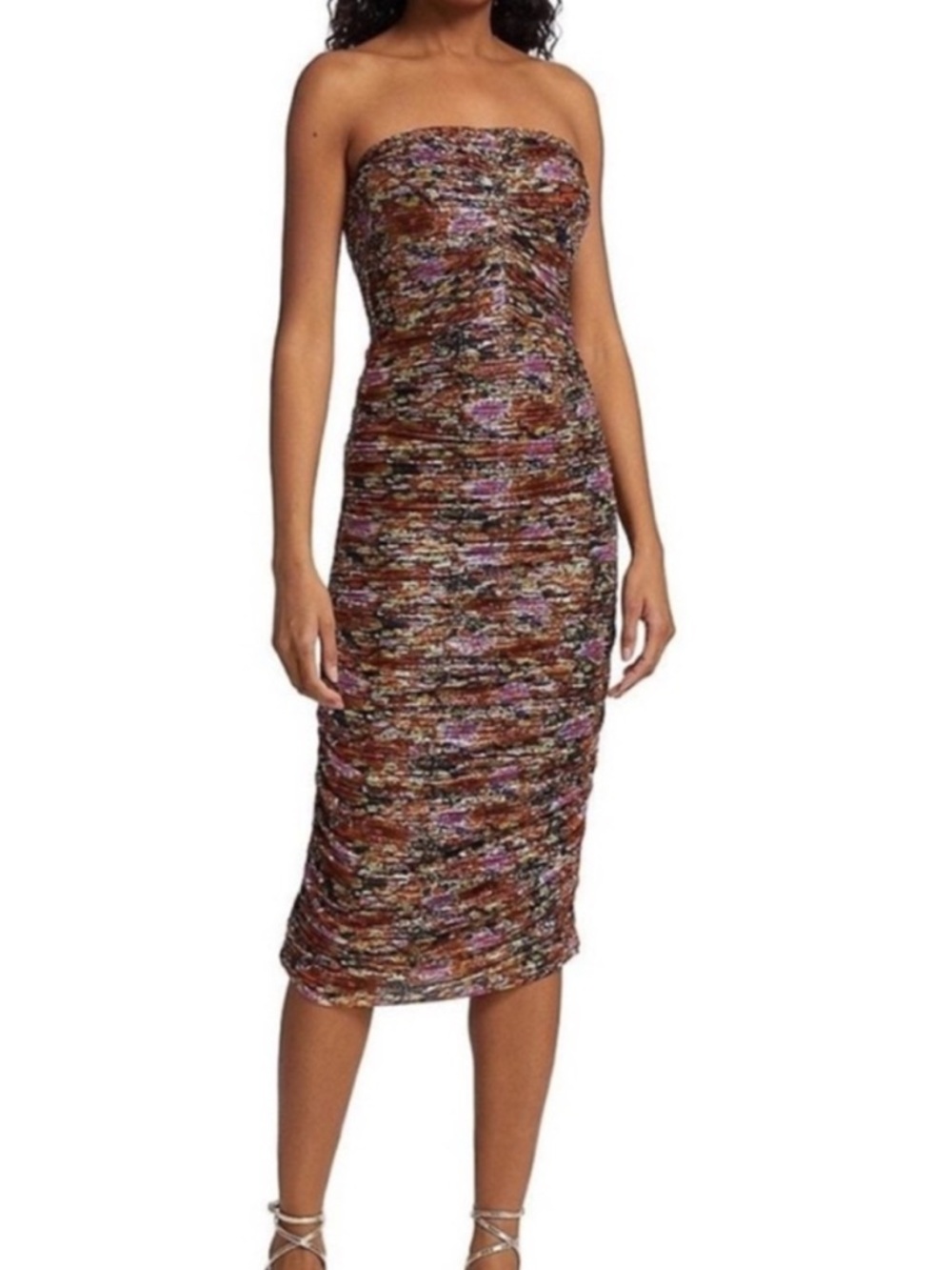 NWT Ramy Brook Claire Strapless Metallic Ruched Midi Dress Size‎ 10